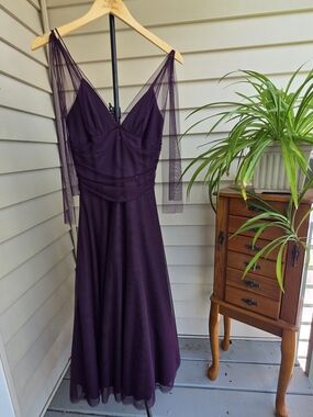 B. Smart Deep Plum Midi Dress with Sheer Shoulder Drapes